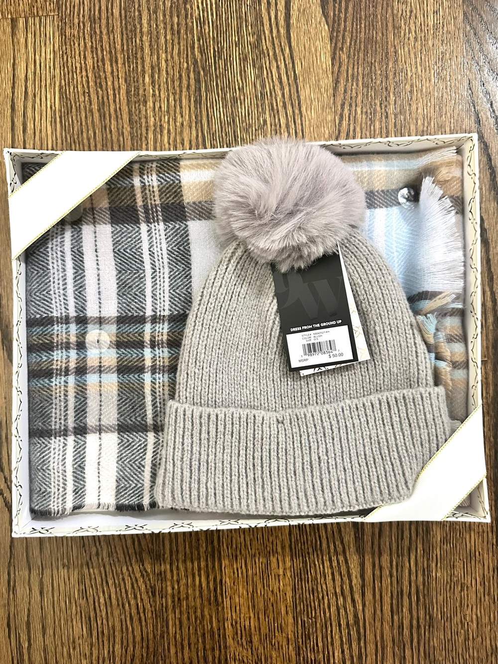 NINE WEST Blush Gray Faux Fur Pom Beanie